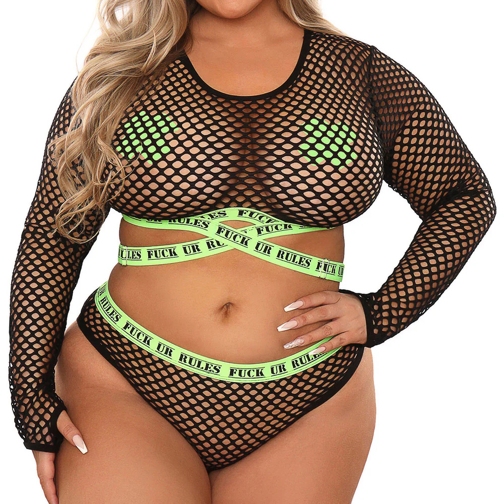 Fantasy Lingerie Vibes Fuck Ur Rules Longsleeve Crop Top, Panty & Pasties Set - Image 3