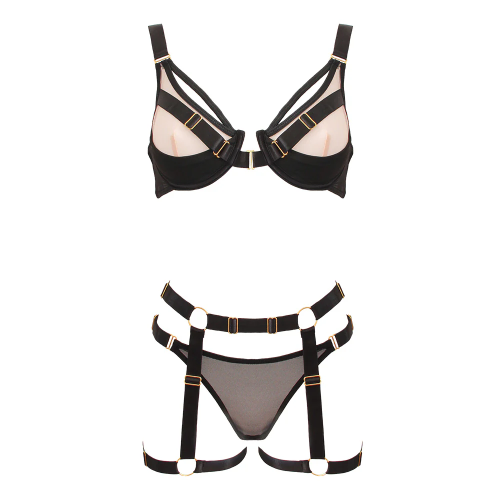 Love in Leather Contrast Black & Nude 3 Piece Bra Set