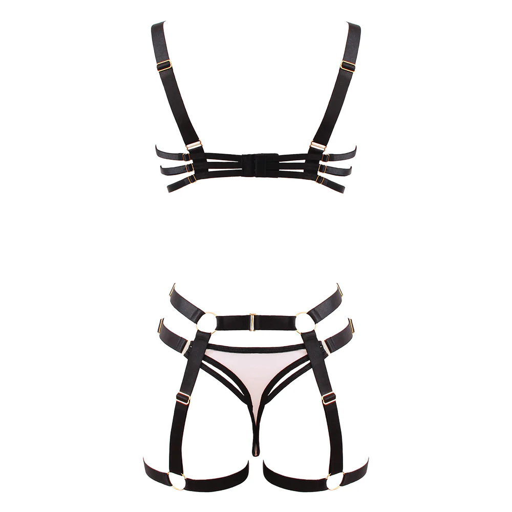 Love in Leather Contrast Black & Nude 3 Piece Bra Set - Image 2