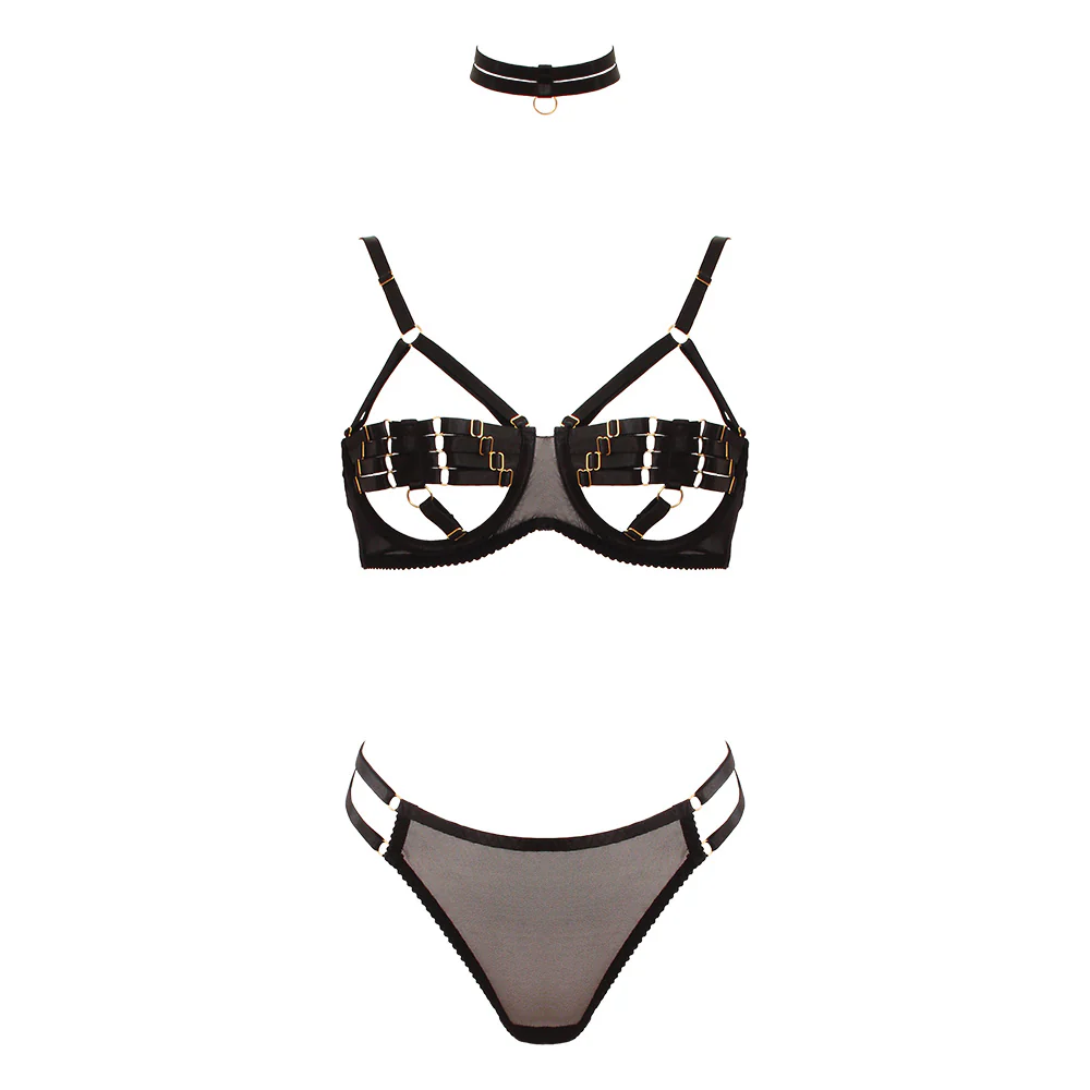 Love in Leather Muse Peek-a-boo 3 Piece Bra Set