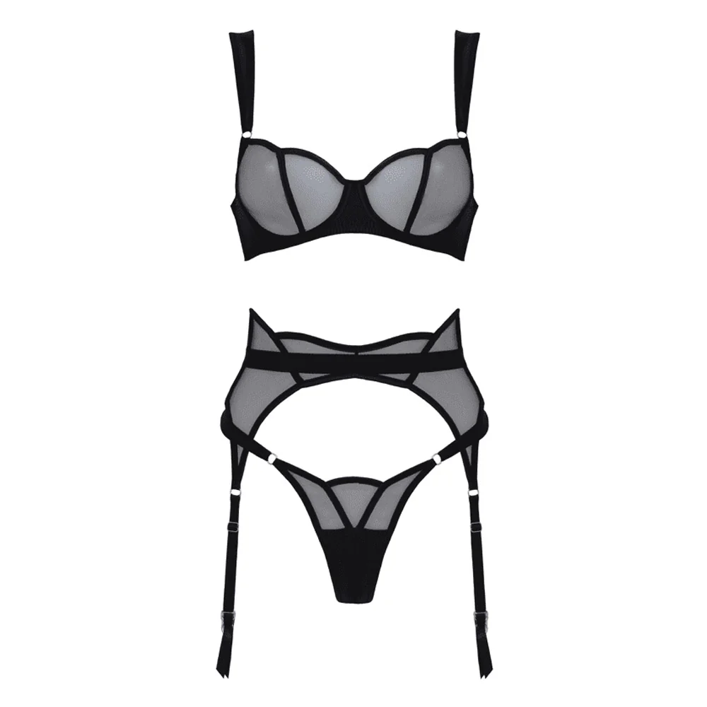 Love in Leather Muse Sheer Mesh & Satin 3 Piece Set