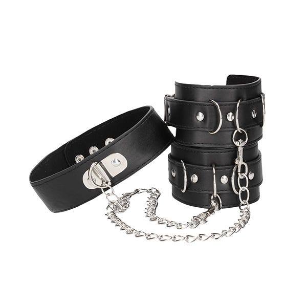 Ouch Black & White Bonded Leather Collar and Wrist Cuff - Image 2